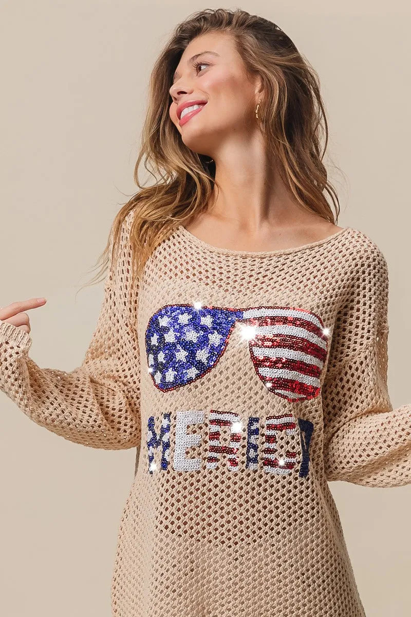 BiBi Knit Top Sequin American Flag Sunglasses Long Sleeve 1f31736039d54fd0a92838463c11dcf6-Max-Origin Trendsi