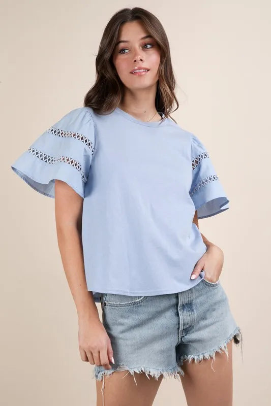 VERY J Top Ruffle Short Sleeve Lace Trim Sky Blue Blouse Sky 1f3a8bb5a4ed492ba6b6eb696f417de0-Max-Origin Trendsi