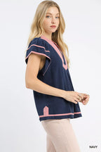 Umgee Womens Blouse Navy Linen Ruffle Short Sleeve Top 1f3c585a-2add-45f7-adca-ec65479713c8-Max-Origin Trendsi