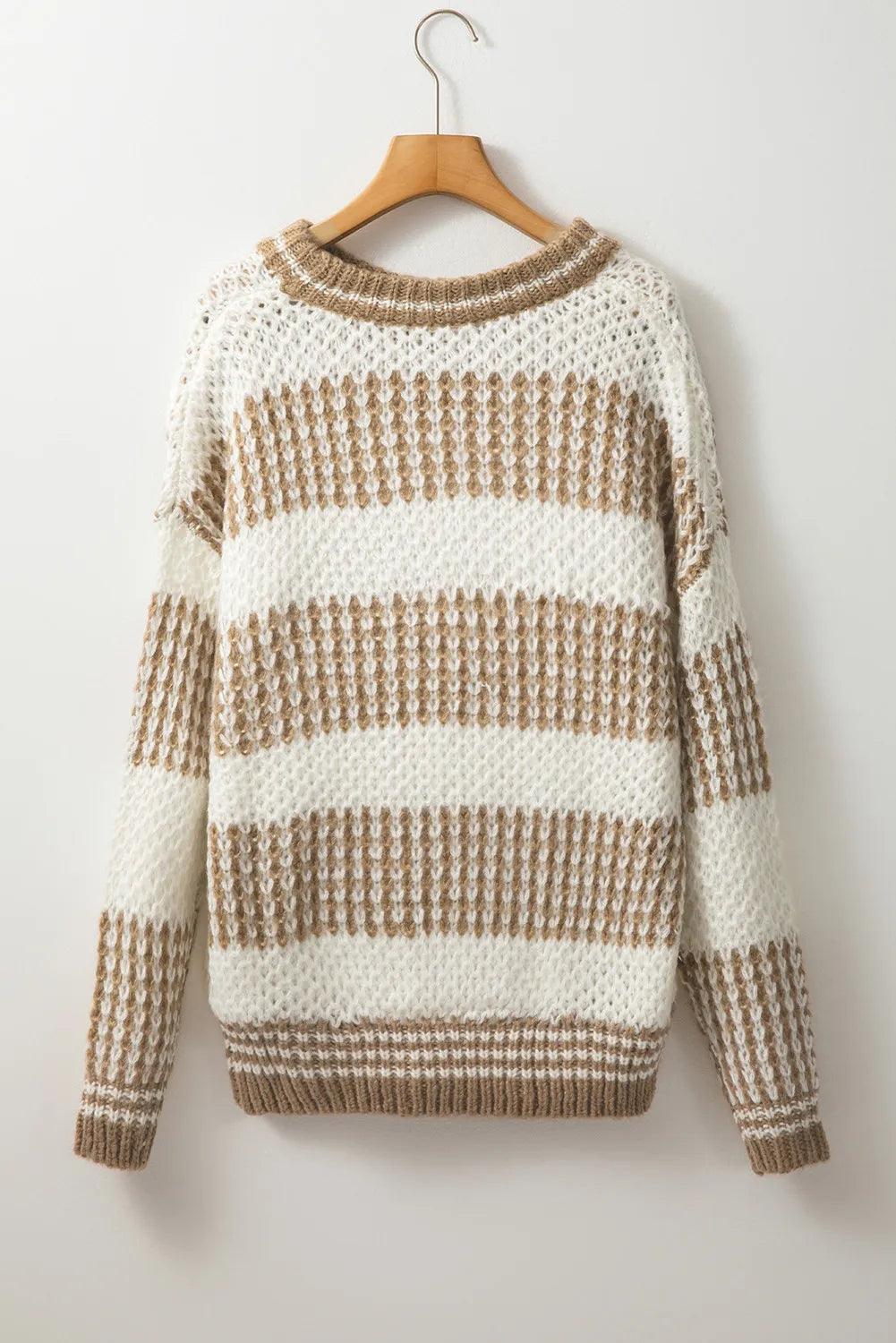 Striped Sweater Round Neck Dropped Shoulder Long Sleeve Knitwear 1f43b5a7-c411-4cc3-b8dc-5e163219e0c1-Max Trendsi
