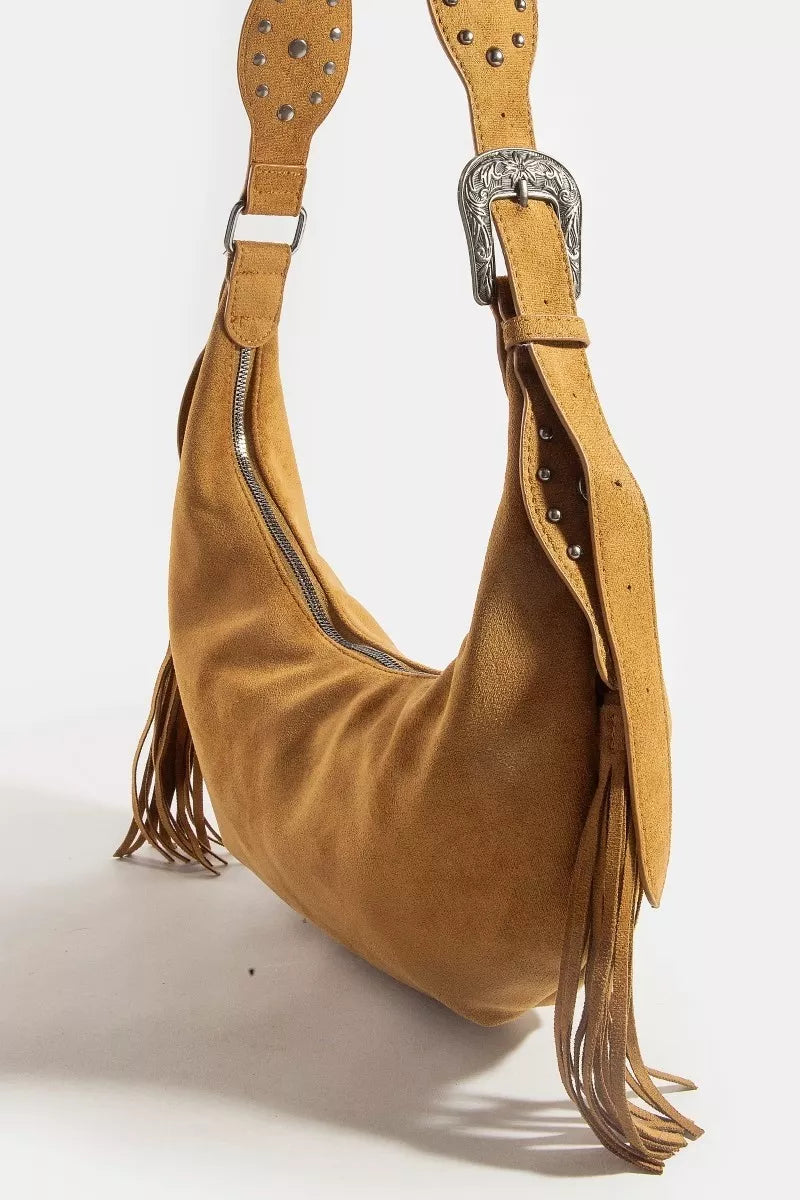 Fame Accessories Womens Hobo Bag Suede Half Moon Fringe Buckle Strap 1f456cf7514b420a95f9b64a6bf43d84-Max-Origin Trendsi