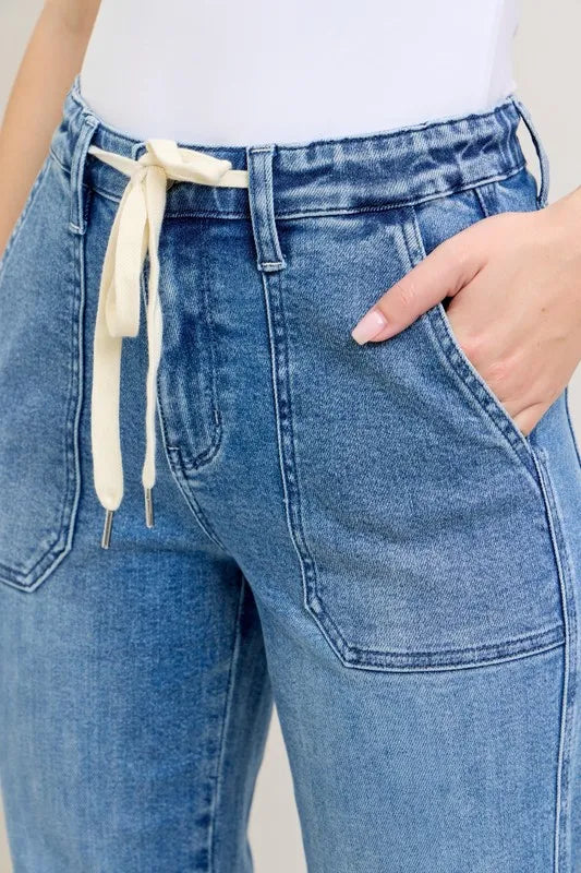 Judy Blue Denim Jogger Pants High Waist Drawstring Medium Wash 1f48a22f38ff4011a620d8983210dc26-Max-Origin Trendsi