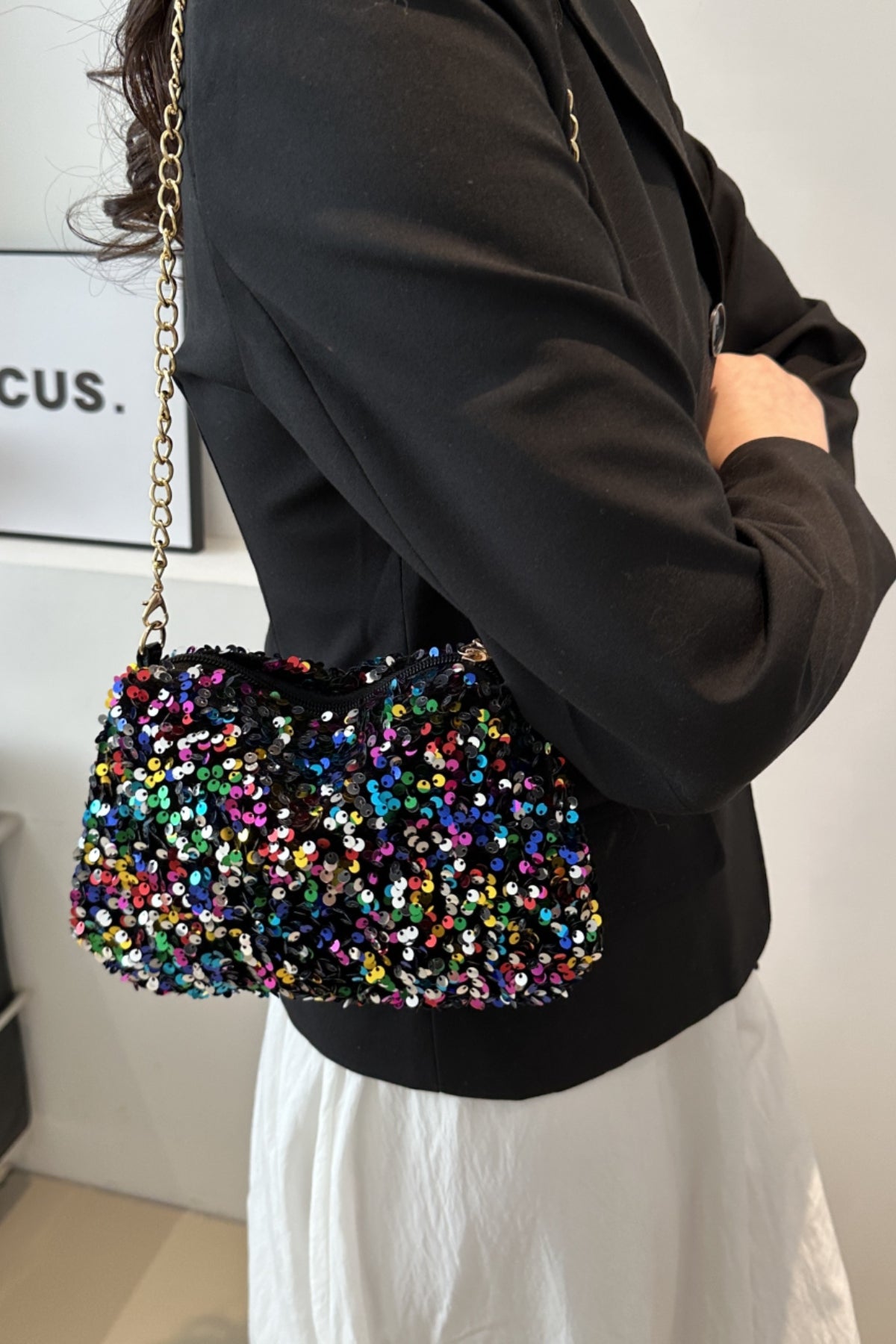 Sequin Shoulder Bag Women Small Chain Metal Strap Zipper Purses