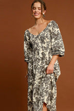 Umgee USA Dress Floral Cream Ruched V Neck High Waisted Knee Length 1f5877a6-e6e7-4125-8abc-84614374fb0e-Max Trendsi