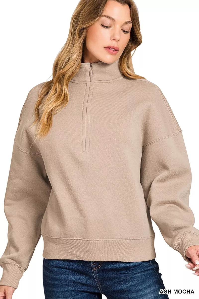 Zenana Fleece Sweatshirt Mocha High Neck Half Zip Womens Top 1f5a9fb37cb34aaea412ba24e53ee29d-Max-Origin Trendsi