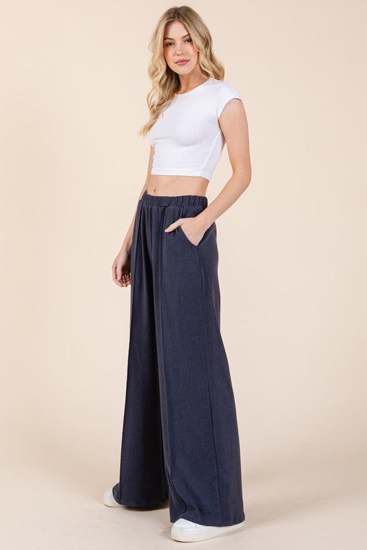 BOMBOM USA Pants Navy Wide Leg Women Elastic Waist with Pockets