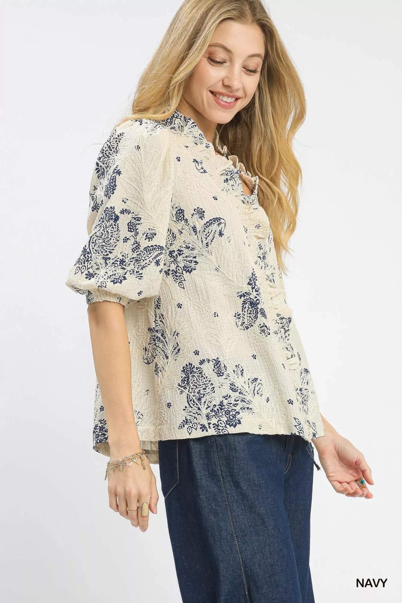Umgee Womens Blouse Navy Floral Embroidered Top with Ruffle Trim Short Sleeve 1f633230-1253-421c-a329-ad94e971593e-Max-Origin Trendsi