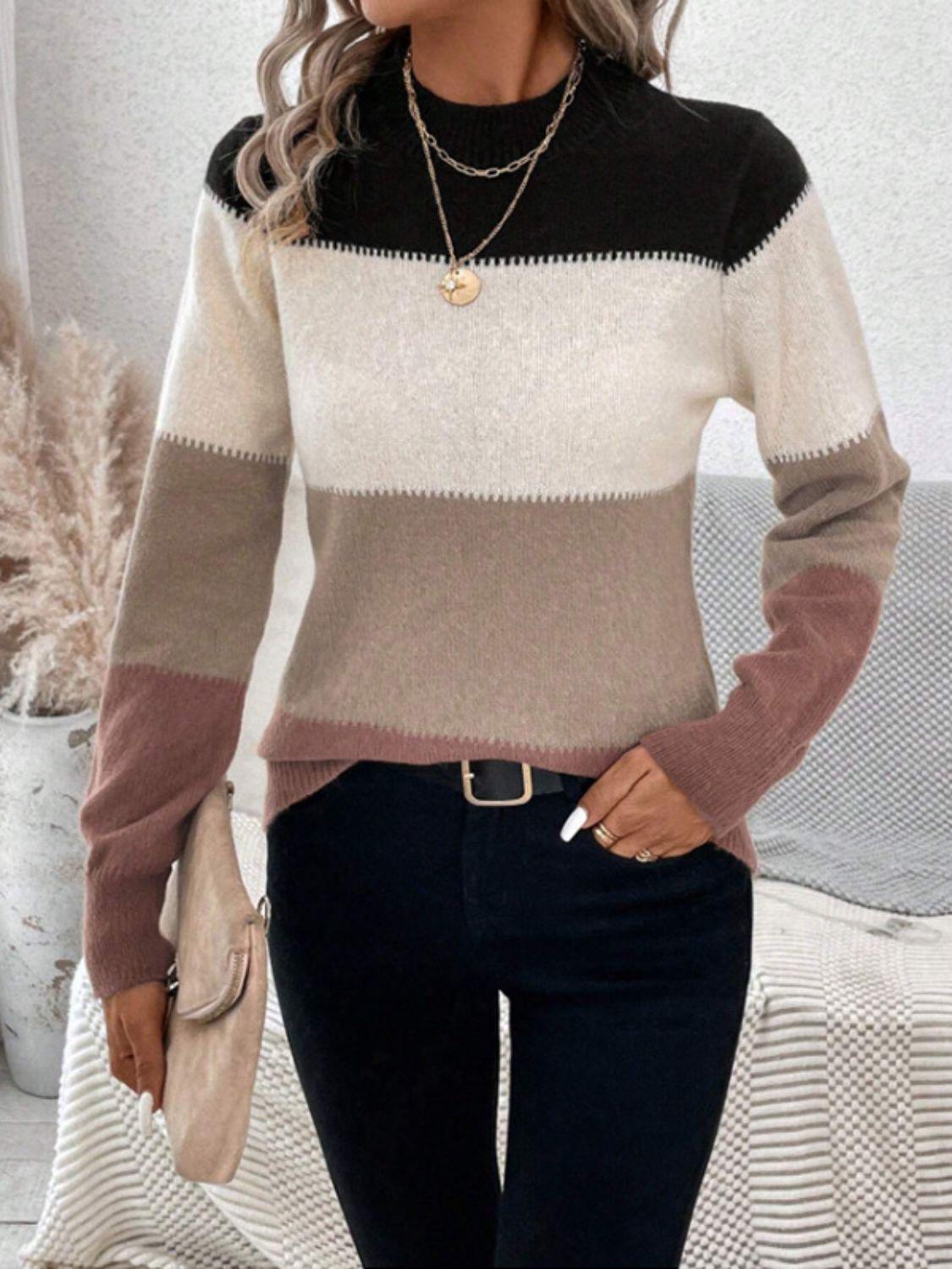 Striped Sweater Color Block Mock Neck Long Sleeve Soft Knitwear Mocha 1f6587df-4a78-4826-961e-08fe1b817bc5-Max Trendsi