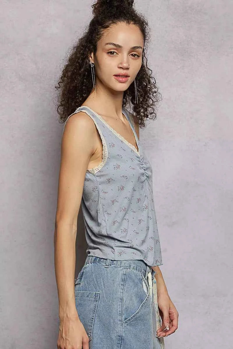 POL Tank Top Ruched Powder Blue Floral V-Neck with Lace Detail 1f6a54f6-88dc-4416-b2b8-96683c4bf448-Max-Origin Trendsi