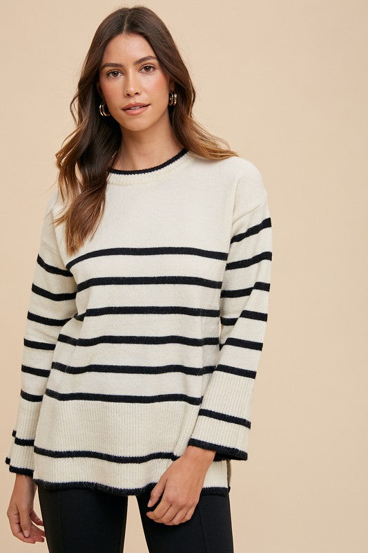 Annie Wear Women Sweater Striped Side Slit Round Neck Long Sleeve Pullover