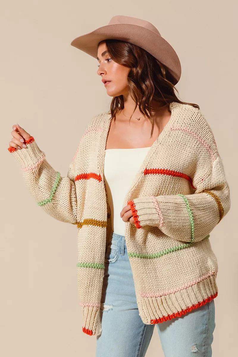 SO ME Womens Cardigan Loose Fit Multi Stripe Open Front Oversized 1f6d55e76fcd4b8ba5548551acd47133-Max-Origin Trendsi