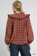 Umgee Women's Blouse Rusty Plaid Ruffle Collar Long Sleeve Top 1f6dc828-f566-4599-ac65-98ae97121790-Max-Origin Trendsi