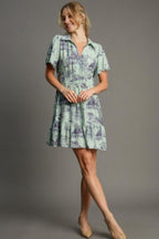 Umgee Mini Dress Landscape Print Lace Light Green Collared Short Sleeve 1f7103d9-5ff5-44bb-8696-e07fcff7d84a-Max Trendsi