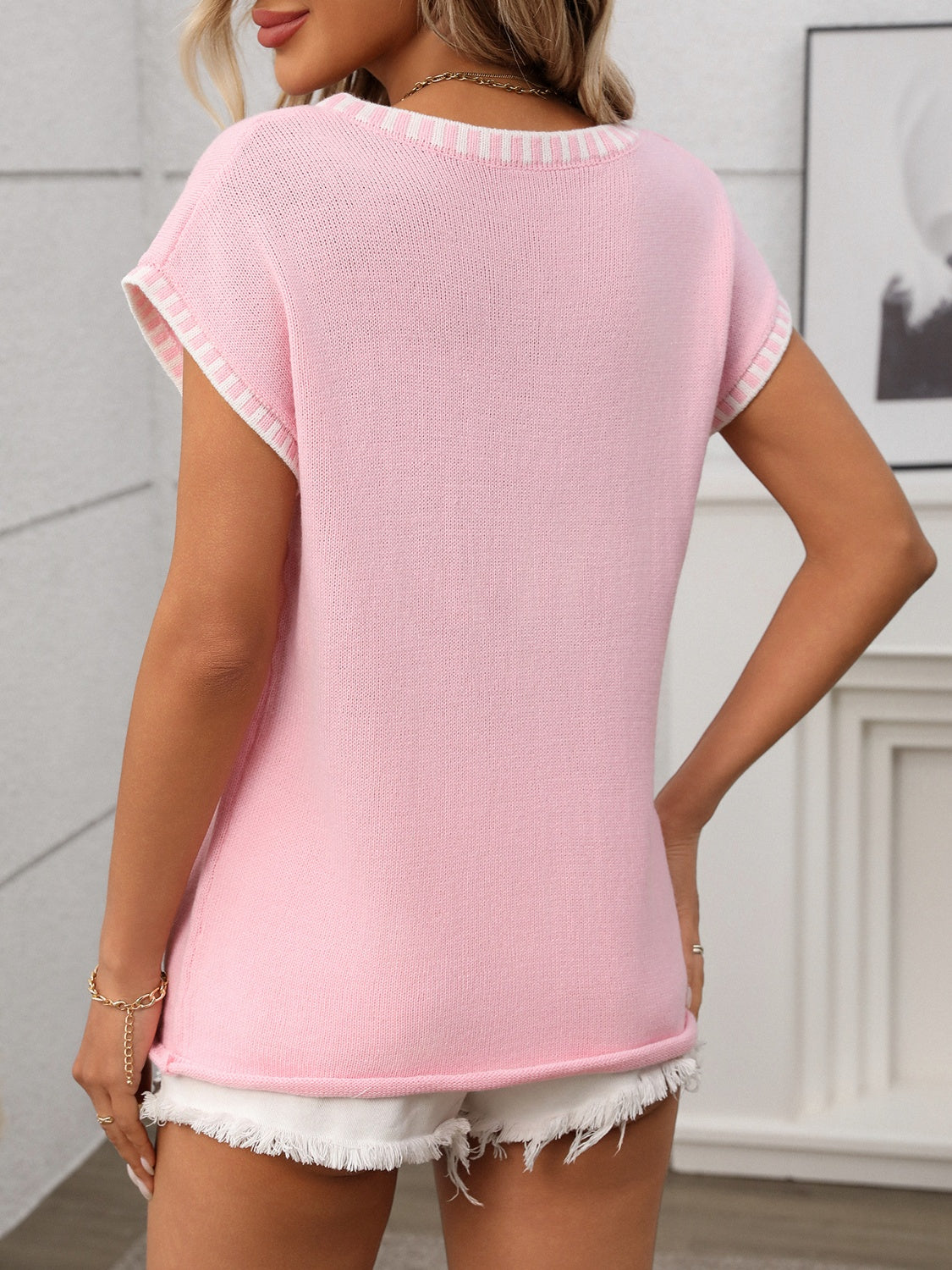 Women's Pullover Short Cap Sleeve Knit Top Contrast Stitch Trim V-Neck 1f71e396-de3a-48f6-aedd-3df627a5026d-Max Trendsi