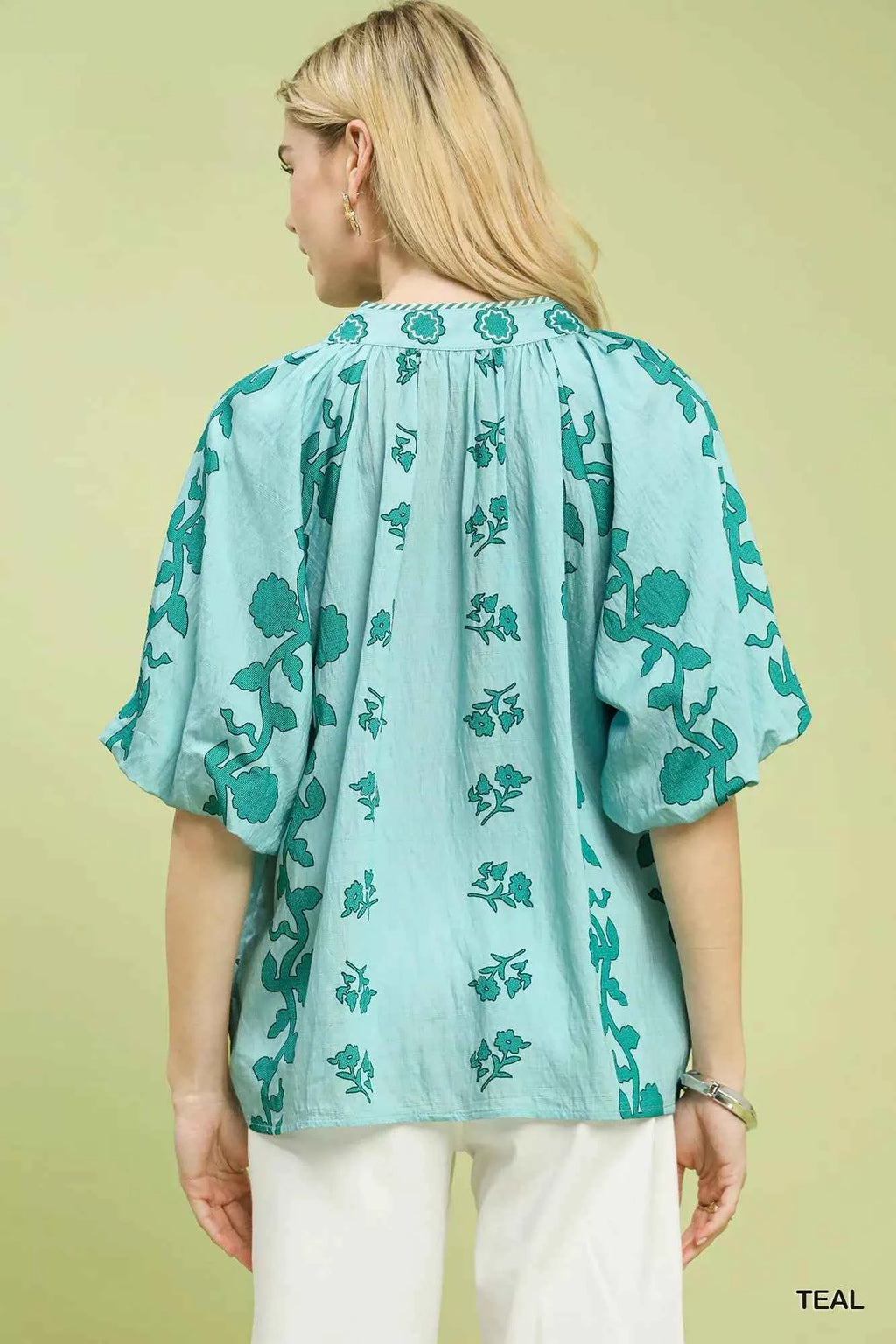 Umgee Blouse Collared Floral Print Teal Short Sleeve Buttoned Top 1fa436de-76d9-48d8-9a2a-21f80e719593-Max-Origin Trendsi