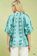 Umgee Blouse Collared Floral Print Teal Short Sleeve Buttoned Top 1fa436de-76d9-48d8-9a2a-21f80e719593-Max-Origin Trendsi