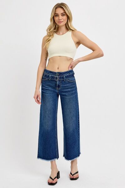 RISEN Women's Jeans Wide Leg Buckle Raw Hem Cropped Dark Washed Basic Style 1fa4446b-f607-492f-9431-329dd8708d5f-Min Trendsi