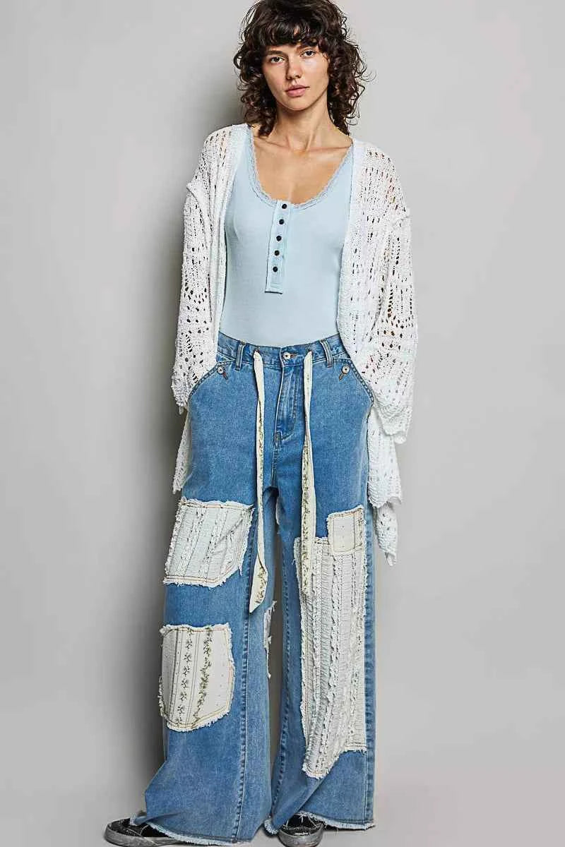 POL Openwork Lightweight Open Front Cardigan with Scalloped Edge