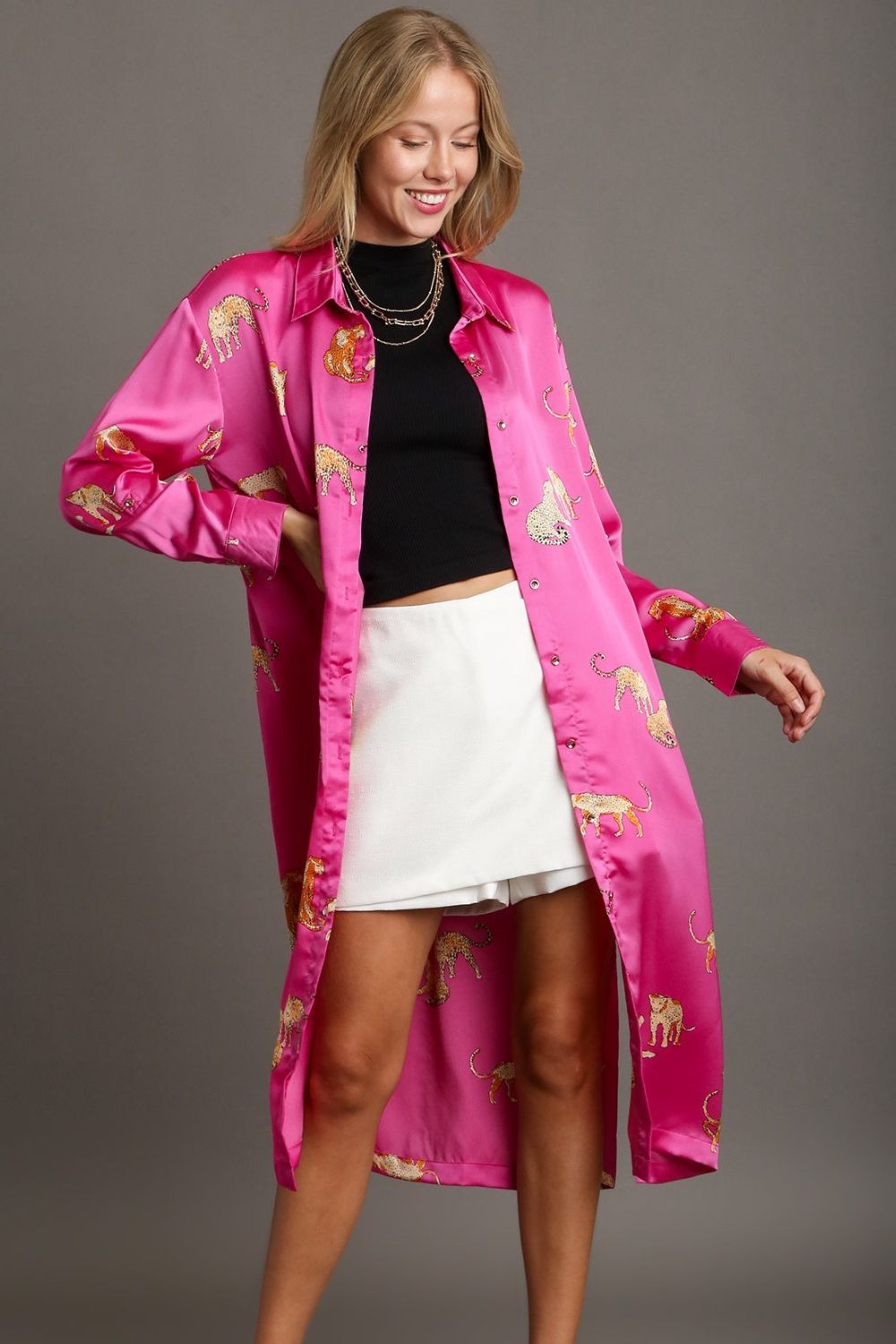Umgee Midi Shirt Dress Fuchsia Pink Animal Print Side Slit Long Sleeve 1fba43e8-0e94-4d49-a00e-5d58b3ed929e-Max Trendsi