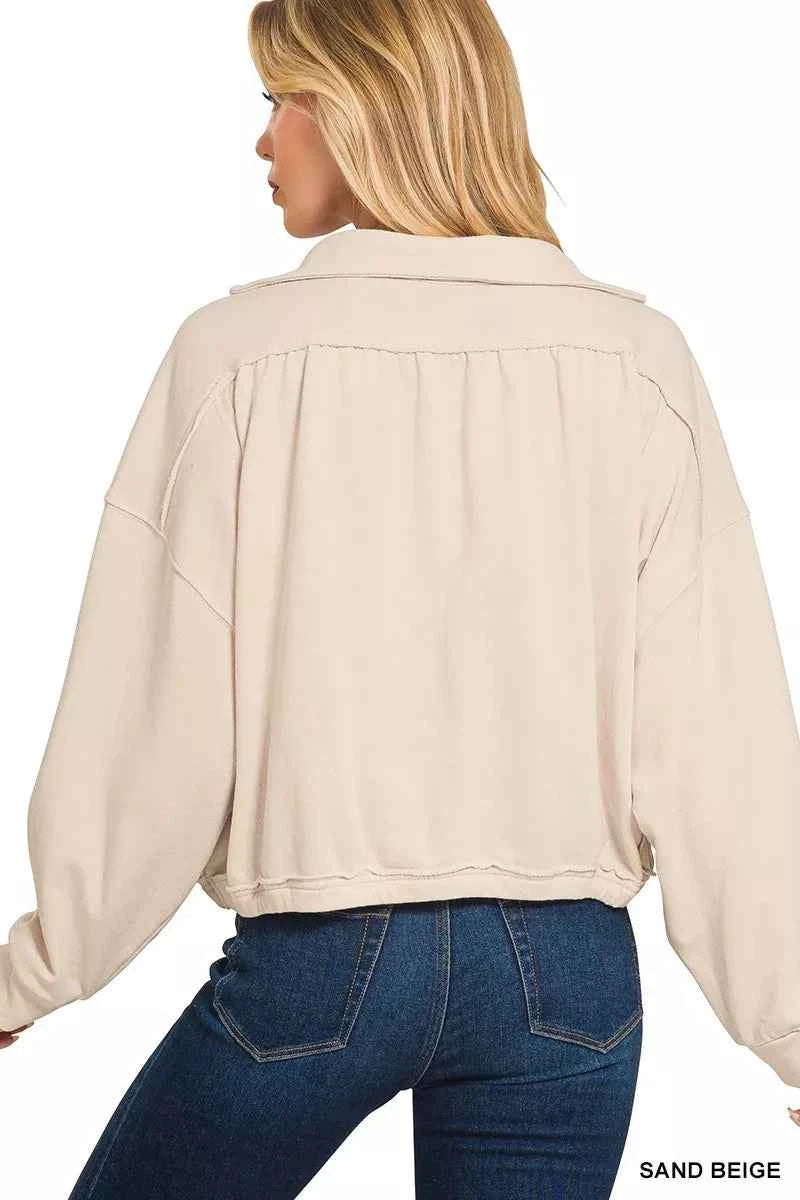 Zenana Women Sweatshirt Beige French Terry Collared Exposed Seam Top 1fc1fdf749aa4d71b981c618d3f4e9c3-Max-Origin Trendsi