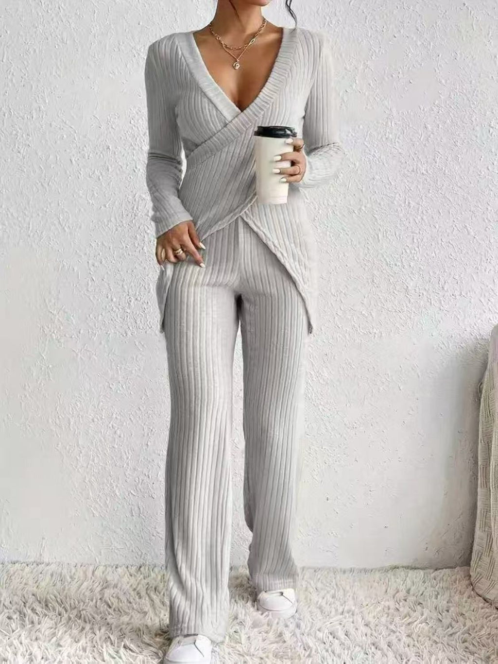 Women's Outfit Set Crisscross Surplice Top Long Sleeve and Pants Sets 1fc27f15-d4fc-439c-b962-a905122e086e-Max Trendsi