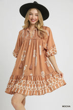 Umgee Mini Dress Mocha Boarder Print Tassel Tie Neck Ruffled Mocha 1fc8eeca-00fc-4027-83ed-c7bd17beff19-Max-Origin Trendsi