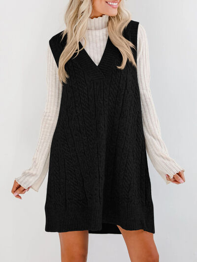 Lovelet Sweater Dress Mini V Neck Sleevless Cable Knit Overall Black 1fd27953-d2ec-4477-a0d7-ee6822eb9872-Min Trendsi