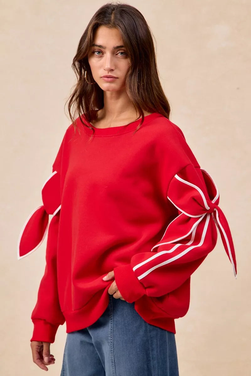 BiBi Fleece Sweatshirt Red Bow Detail Sleeves Womens Pullover 1fe2935d-7eba-4e7a-a640-18aae6d01530-Max-Origin Trendsi