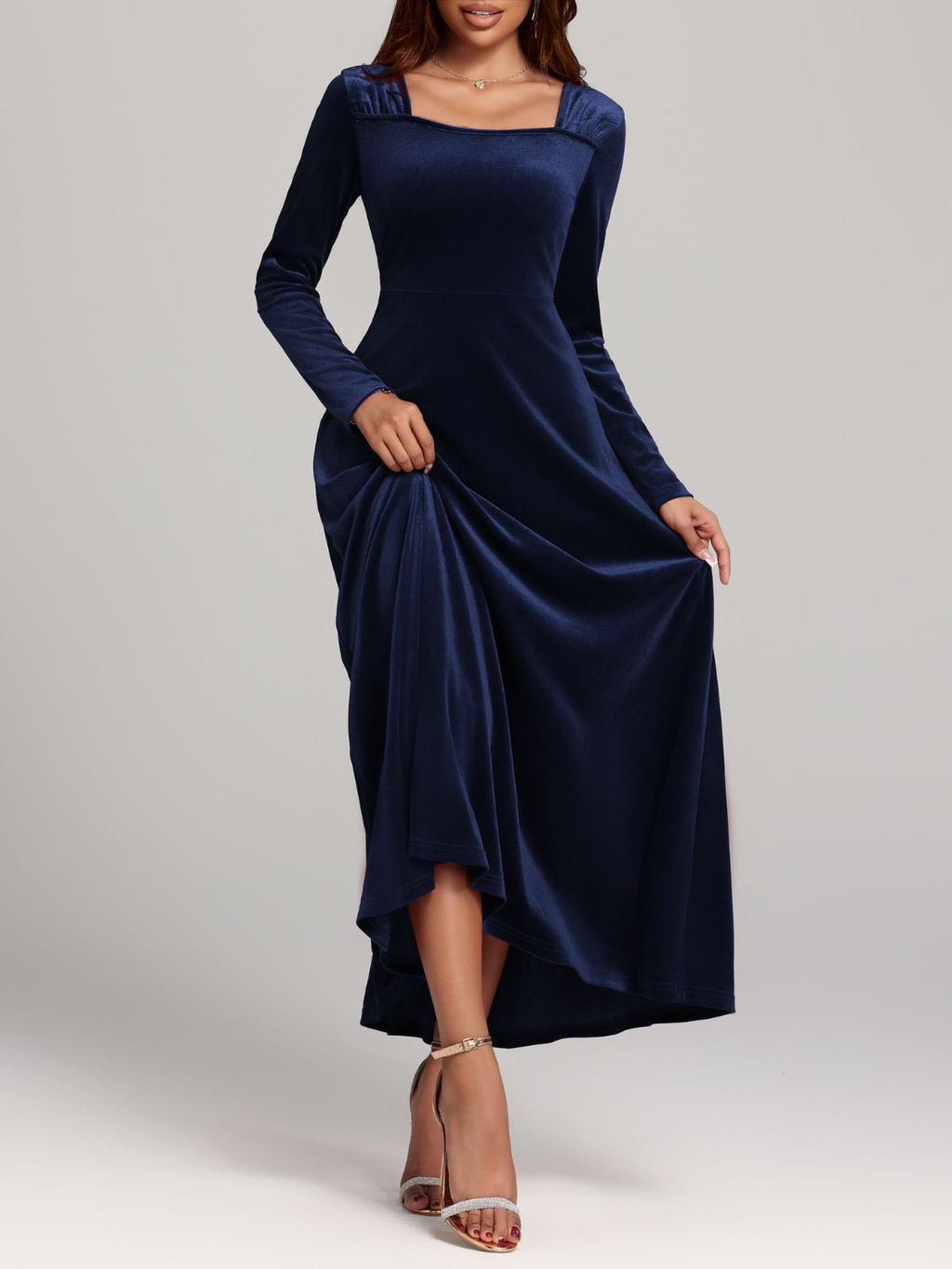 Velvet Midi Dress Square Neck Long Sleeve Women Solid Party Dress 1fe40180-20d6-42c3-b5c3-26c16e01546e-Max Trendsi