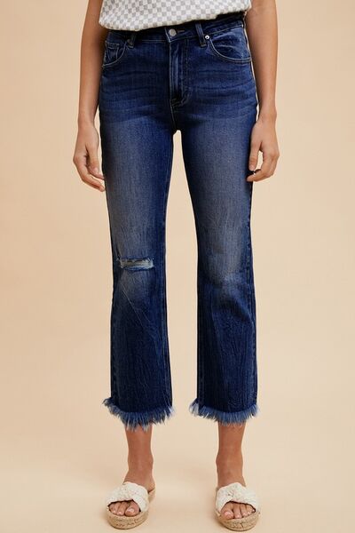 Annie Wear Jeans Distressed Raw Hem Straight Leg Cropped Dark Blue