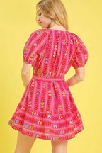 Umgee Mini Dress Hot Pink Ruffle Floral Printed Bow Tie Waist Puff Short Sleeve 1fec057b-b6d7-467a-ab3c-966cace369c6-Max-Origin Trendsi