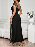 Sequin-Embellished Ruched Maxi Dress with Mesh and Lace Details