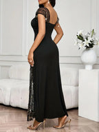 Sequin-Embellished Ruched Maxi Dress with Mesh and Lace Details