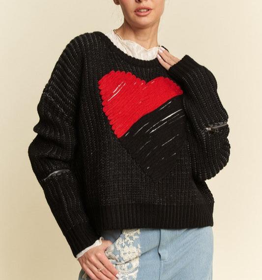 Davi & Dani Black Sweater Cotton Blend Red Heart Long Sleeve Knit Pullover