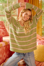 BiBi Womens Sweater Striped Sage Green Long Sleeve Oversized Pullover 200d389595f34fc0abb043577382e8fe-Max-Origin Trendsi