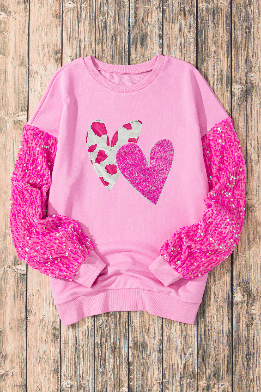 Valentine’s Day Sequin Sweatshirt Women Heart Long Sleeve Fuchsia Pink Top