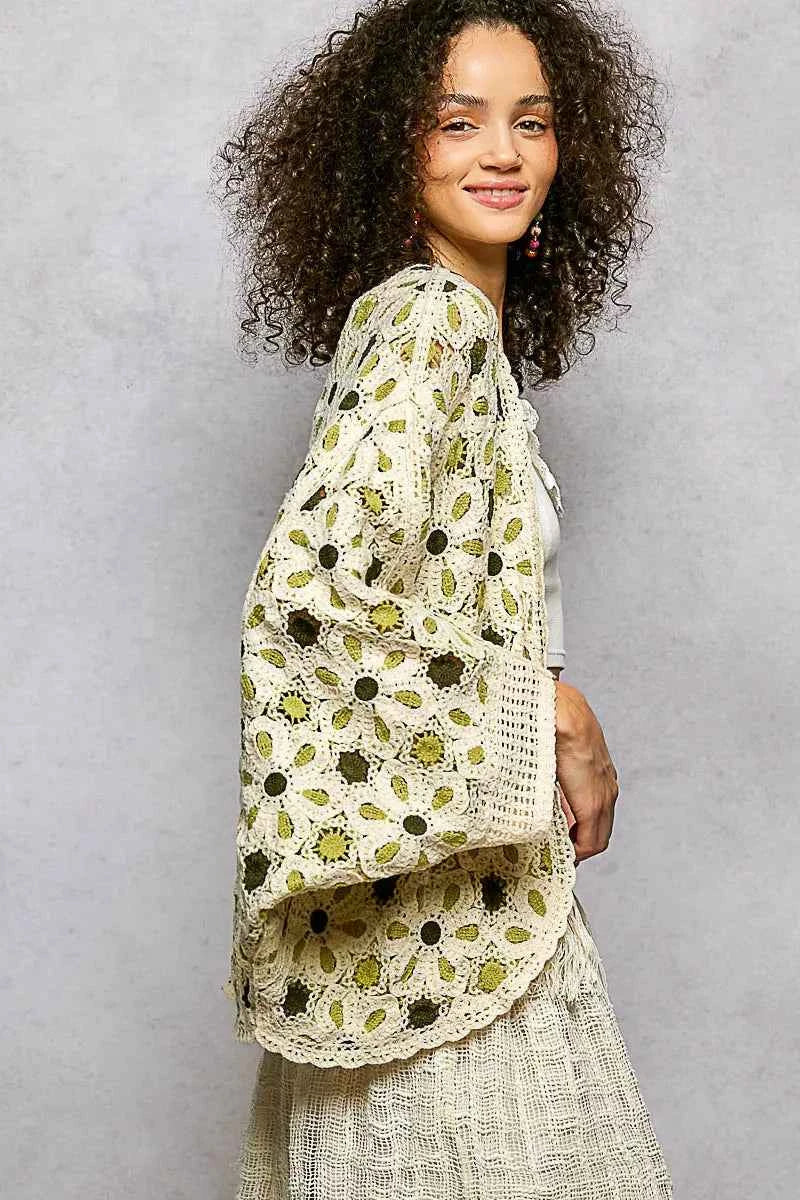 POL Crochet Cardigan Green Multi Open Front Floral Pattern 201a9a5d-f4ee-4f24-96be-64313542f1f6-Max-Origin Trendsi