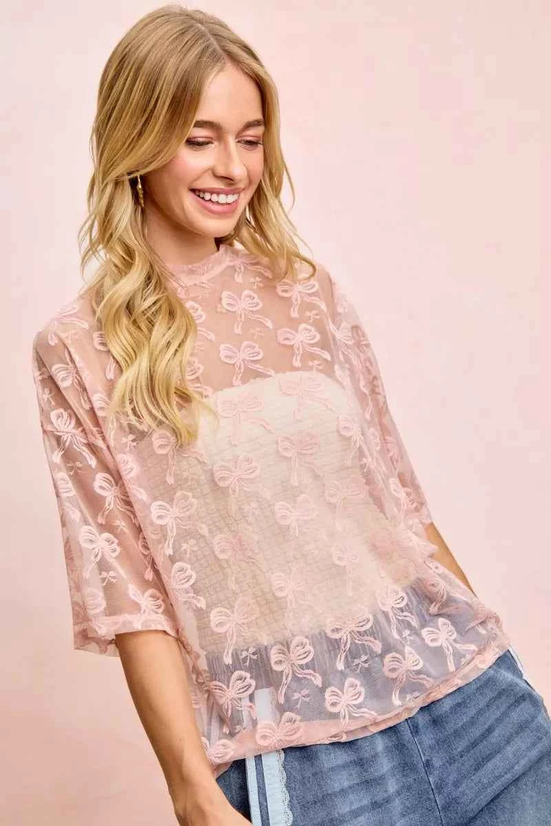 BiBi Bow Pattern Short Sleeves Boxy Mesh Top