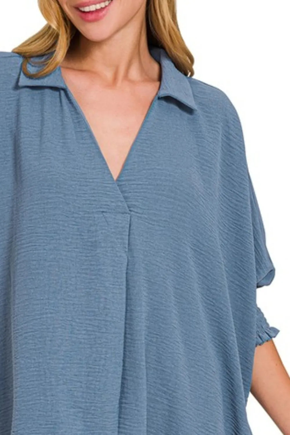 Zenana Top Collared Dusty Blue Airflow with Smocked Sleeve Band Blouse 2025b127-1e5d-4970-adb9-ff2f51b34725-Max-Origin Trendsi
