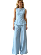 2026 Women Casual Set Elegant Back Tie Sleeveless Peplum Top + Wide Leg Pants 2 Pieces