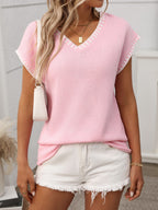 Women's Pullover Short Cap Sleeve Knit Top Contrast Stitch Trim V-Neck 20278fb7-94a0-4710-adac-55a443fb2fab-Max Trendsi