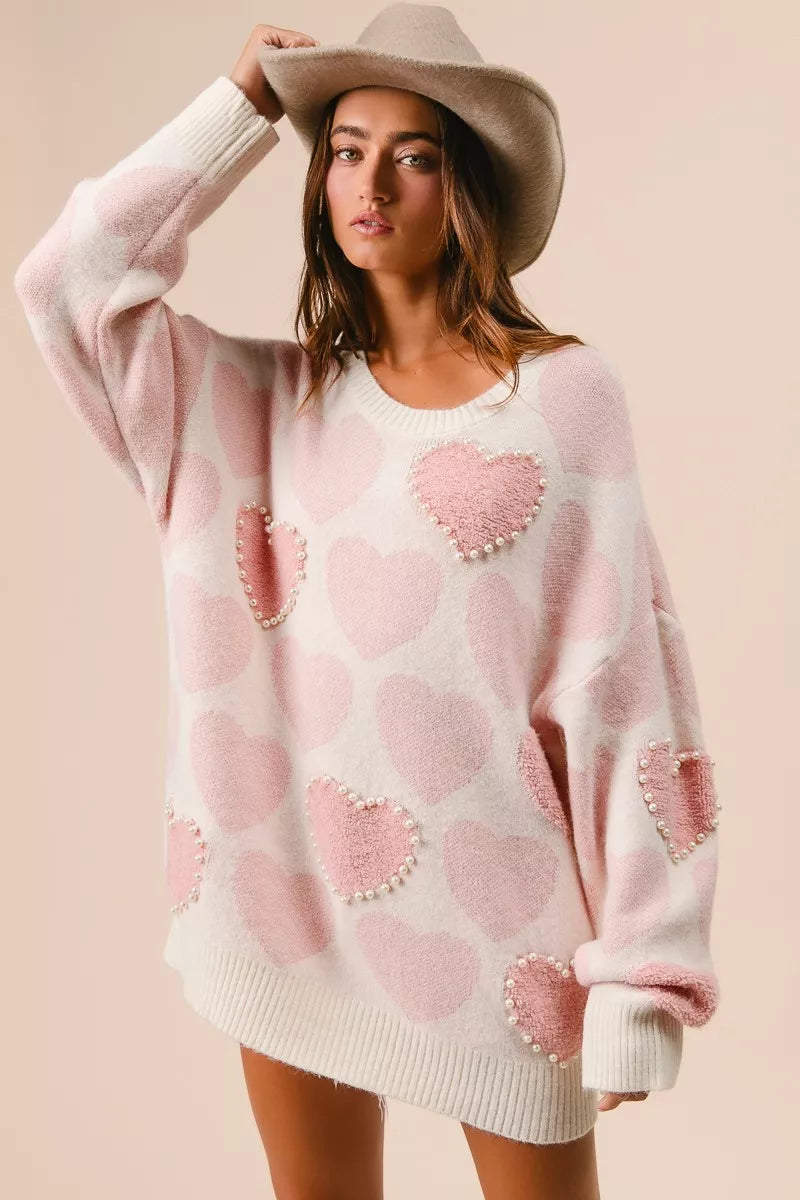 BiBi Womens Sweater Light Pink Heart Pattern with Pearl Detail 20283586c28644929673e541ed3fe16d-Max-Origin Trendsi