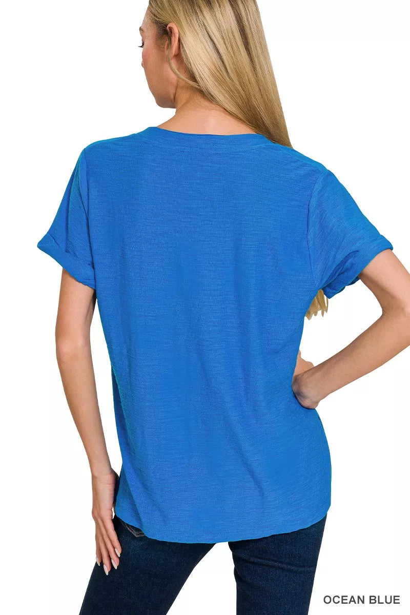 Zenana Women T-shirt Ocean Blue Slub Rolled Short Sleeve V-Neck Top Tee 202cfeb059d642babc7c61da7f479dcf-Max-Origin Trendsi