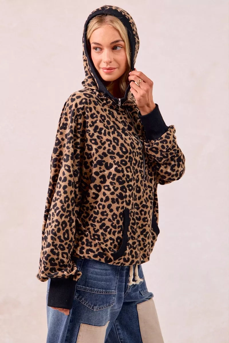 BiBi Leopard Print Hoodie Womens Waffle Half Zip Up With Pockets 203ae1bb1e834f25abd0151b469c91d7-Max-Origin Trendsi