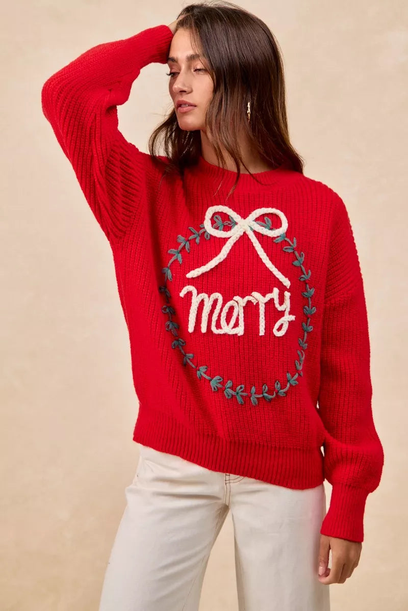 BiBi Christmas Womens Pullover Red Wreath Merry Letter Knit Top 2044dc603a2341f9a9946821f709ee0d-Max-Origin Trendsi