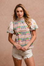 BiBi Blouse Multicolor Ruffle Neckline With Embroidery Bubble Short Sleeve Top 20474134fbba4091b0dba63df736d415-Max-Origin Trendsi