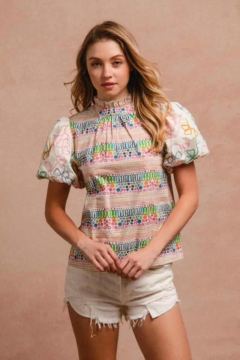 BiBi Blouse Multicolor Ruffle Neckline With Embroidery Bubble Short Sleeve Top 20474134fbba4091b0dba63df736d415-Max-Origin Trendsi