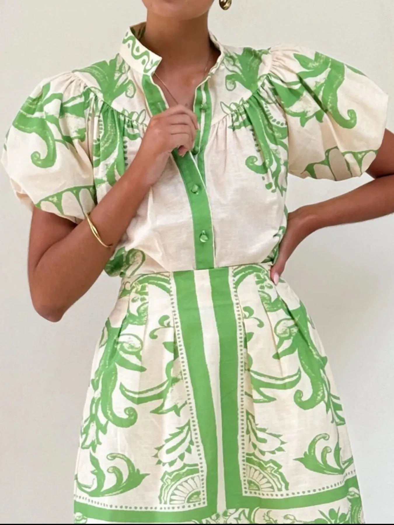 Women's Outfit Set Printed Top Puff Short Sleeve and Zip Back Skirt Sets 204a2779-53b0-410f-992c-f82f7671751d-Max-Origin Trendsi