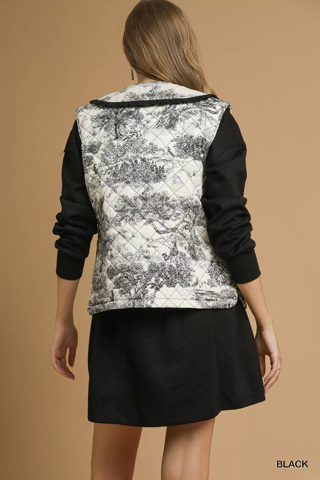 Umgee Womens Quilted Vest Black Toile with Ruffle Collar Outwear 204e8101-2c1e-4661-9b18-c9a4ce076ba8-Max-Origin Trendsi