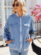 Denim Jacket Pocketed Zip Up Baseball Collar Long Sleeve Outwear 20510fa6-fa6d-437f-8d0e-f15c49b69c05-Max Trendsi
